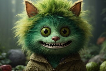 Fototapeta premium A little furry green monster with teeth lurks in the colorful background. The image showcases a furry art with cute and colorful elements. Generative AI.