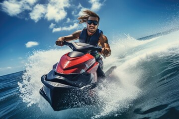 Fototapeta na wymiar Close-up view of a man riding on jet ski in sea with water splash in air. Dynamics. Beach sports. Summer tropical vacation concept.
