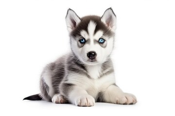 A Playful Husky Puppy with Piercing Blue Eyes, Resting Comfortably on the Ground