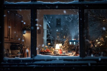 A beautiful window at night decorated in holiday in winter. Winter seasonal concept.