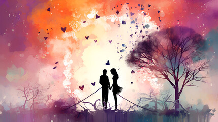 Obraz na płótnie Canvas silhouette of a person in the sky, Water color valentine's day background, Valentine's day lovers kissing in a valentine forest art in watercolor