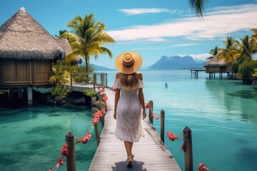 Lovely graceful lady in long skirt in a luxury resort with beautiful seascape. Summer tropical vacation concept. - obrazy, fototapety, plakaty