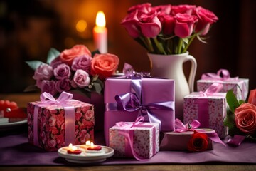 Thoughtful Presents: A table adorned with gifts, featuring flowers and sweets, creating a heartwarming display