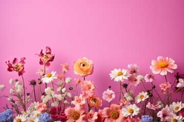 Wild flower on pink background with variable colors in Spring. Spring seasonal concept.