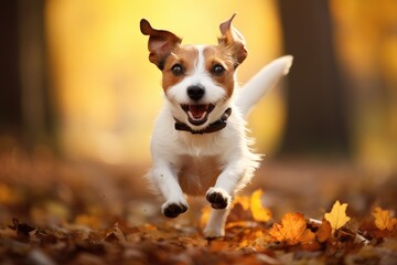 A Playful Pup Frolicking in Autumn's Colorful Canopy