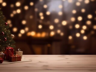 Fototapeta na wymiar Chrismas decorations on a wooden table. Chrismas tree on a blurred background