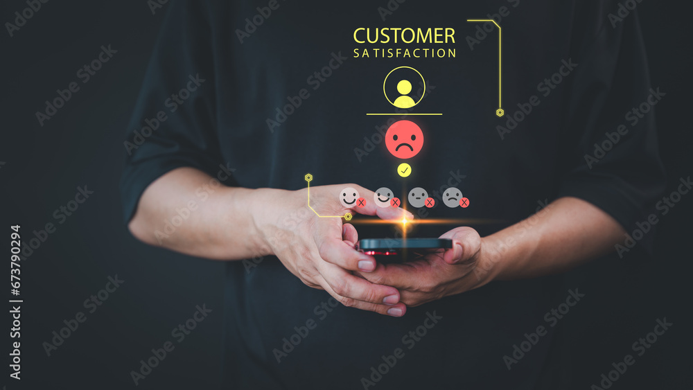Aufkleber customer review and feedback with angry emotion face on virtual screen.