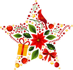 Christmas decoration. Xmas details. Poinsettia flower, bird, bow, present, gift, leaves, stars.