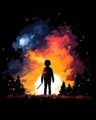 Silhouette of young boy on a background of the night sky