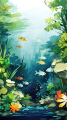 Underwater landscape with fishes, plants and algae. Vector illustration