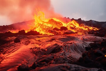 An erupting volcano with heavy smoke in sky. Outdoor adventure concept.