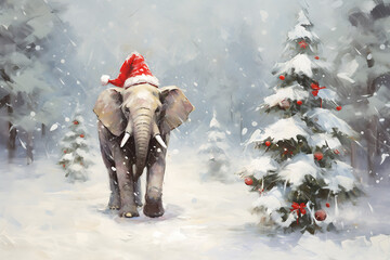 Abstract Oil Painting Christmas Elephant Wall Art