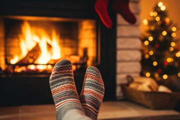 Feet in holiday socks in front of fireplace in a cozy holiday home. Winter holiday concept.