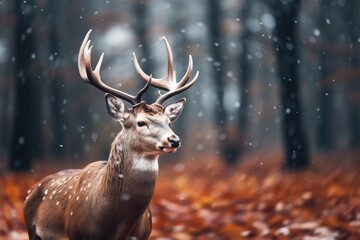 Male deer with antlers stand in forest in Winter with snow.