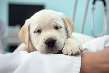 A Peaceful Nap: A Puppy Resting Comfortably on a Patient's Arm in a Hospital Bed