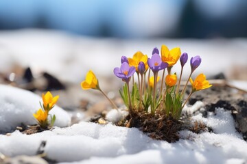 Wild flower growing out of snow with variable colors in early Spring. Spring seasonal concept.