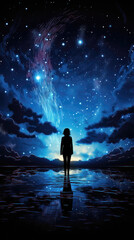 Silhouette of a woman standing on the water and looking at the starry sky