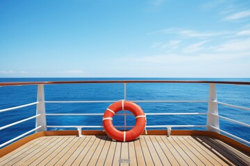 Luxury cruise ship deck view with red lifebuoy on fense in sea. Vacation travel concept. - obrazy, fototapety, plakaty
