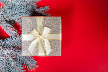 christmas gift box on the red background and a branch Christmas tree