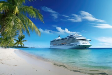 Luxury cruise ship in sea with palm tree and sand beach. Vacation travel concept.