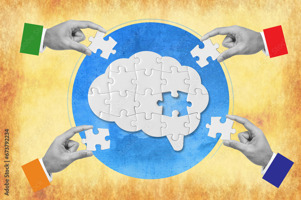 Poster business solutions, success and strategy concept. the missing piece of the brain puzzle is being com