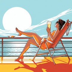 Vector style illustration of a woman with long legs drinking a cocktail while sitting in a deck chair. Generative AI.