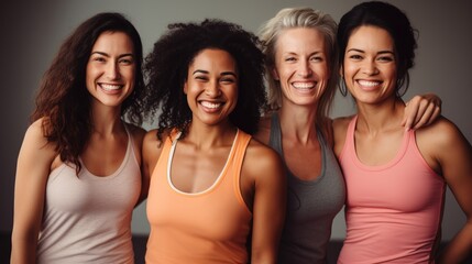 Celebrating fitness: Female friends smiling in sports clothing. Group of woman in workout clothes,...