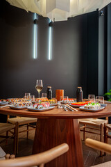 A set of sushi rolls on a table in a restaurant.