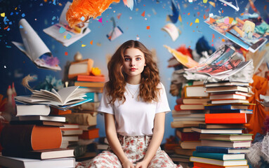 Teenager girl on colorfu background. Generative AI.