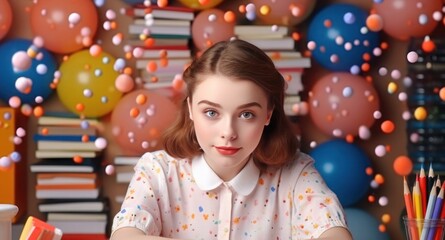 Fototapeta na wymiar Teenager girl on colorfu background. Generative AI.