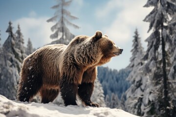 Grizzly bear stand in wild in Winter forest with snow.