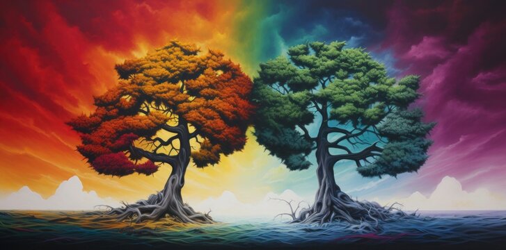 Two trees with different colors. Generative AI.