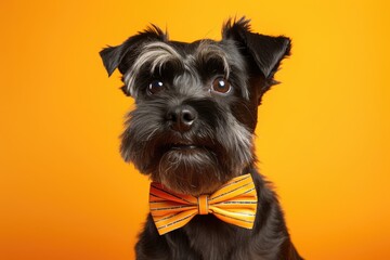 A Dapper Pooch in a Bow Tie Against a Vibrant Orange Backdrop
