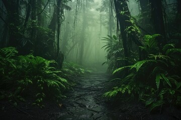 A deep rainforest with giant trees and fog. Vacation travel concept.