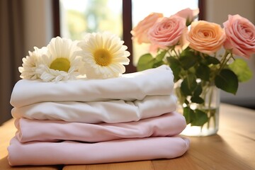 Stack of soft and colorful towels on table.