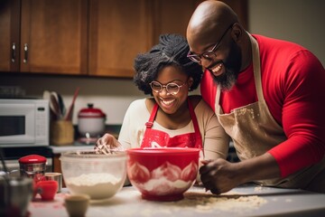 Valentine's Day: A kitchen setting capturing the moments of a black adult couple joyfully baking treats together - obrazy, fototapety, plakaty