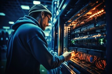 Fototapeta premium Data center worker doing maintenance of computer equipment.