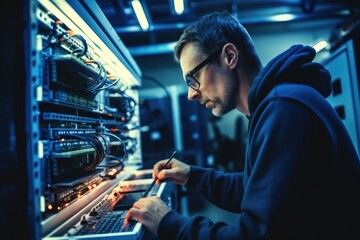 Data center worker doing maintenance of computer equipment. - obrazy, fototapety, plakaty