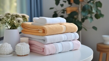 Colorful towels placed in a stack.