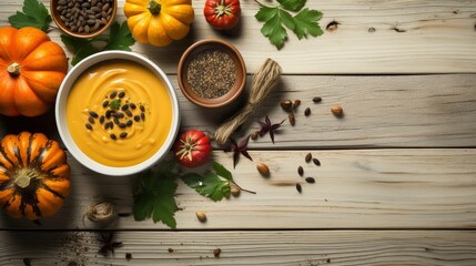 Autumn background from fallen leaves and fruits with vintage place setting on old wooden table. Thanksgiving day concept.