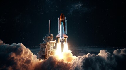 Rocket starting to fly. Suitable for use as a banner. Space shuttle. rocket launch. NASA - obrazy, fototapety, plakaty