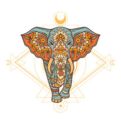 Elephant sacred geometry retro. Vector illustration. Flower Ethnic drawing. Elephante animal nature in Zen boho style. Hippie, eastern style - obrazy, fototapety, plakaty