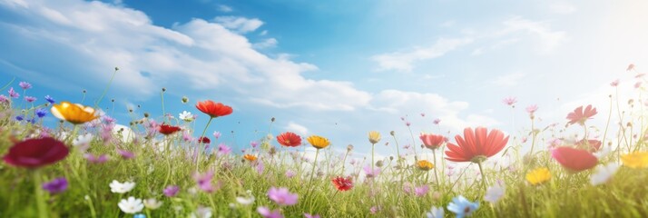 Wild flower field in wild with variable colors in Spring. Spring seasonal concept.
