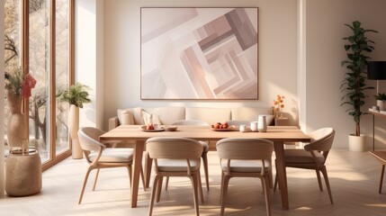 Dining area in an apartment, Modern minimalist interior, Warm beige and pastel colored.