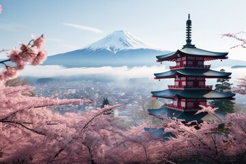 Obraz premium Mt Fuji and beautiful blooming cherry blossom woods with Japanese style temple building in Spring. Spring seasonal concept.