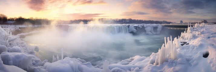 A panorama of waterfall at sunrise in winter covered by heavy snow and ice. Winter seasonal concept.