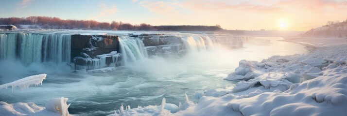 A panorama of waterfall at sunrise in winter covered by heavy snow and ice. Winter seasonal concept. - obrazy, fototapety, plakaty