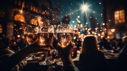 A people celebrating new years eve with drinks.
