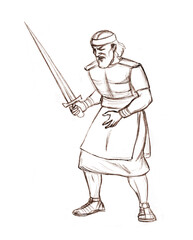 Pencil drawing. Warrior with sword