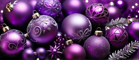 Bunch of purple Christmas decorations detailed texture background from Generative AI